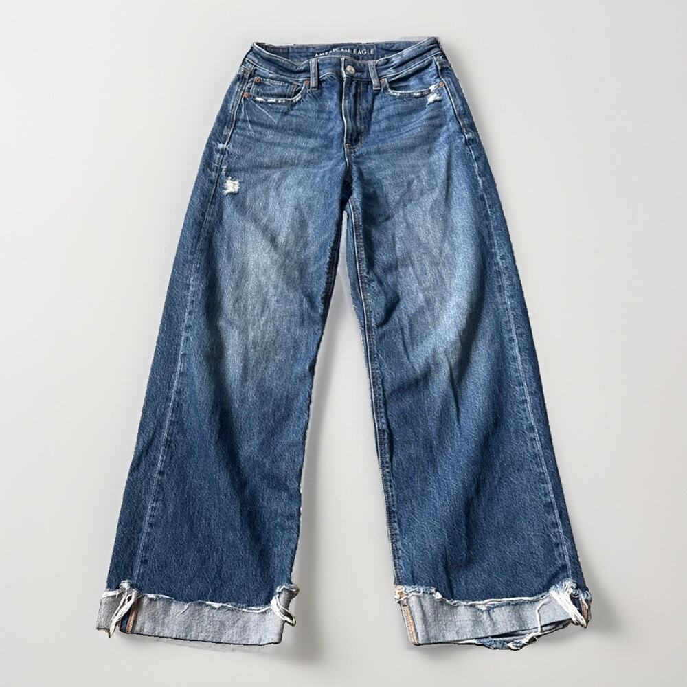 American Eagle Baggy Wide Leg Jeans Women's Sz 2 Distressed Dark Wash Denim